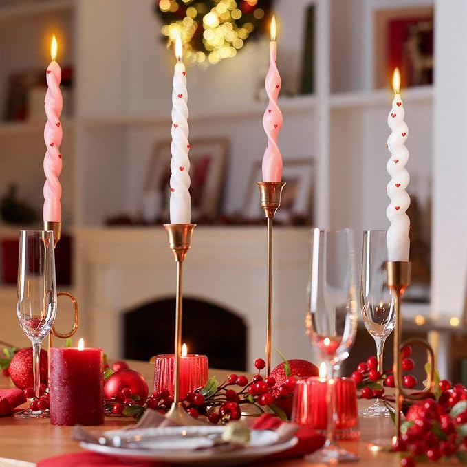 Nuanchu 4 Pcs Twisted Taper Candles Wax Unscented Smokeless Spiral Swirl Candlesticks for Wedding Holiday Dinner Party Home Decorations(7.87 Inch,Heart,Pink White)