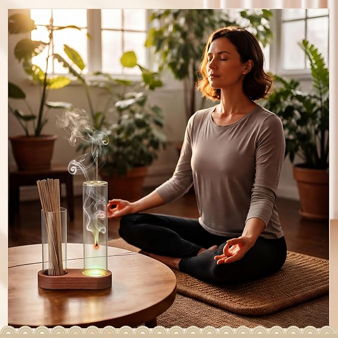 Glass Glowing Incense Holder, Incense Sticks Burner Holder with Storage, Hang Upside Down Incenses Holders for Sticks with Glass Ash Catcher for Meditation Yoga Spa Room Decor