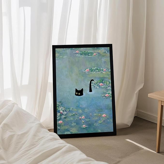 Fantasy Artists Monet Water Lilies Cat Wall Art, Framed Vintage Canvas Art Wall Decor, Funny Black Cat Posters Prints for Bathroom Bedroom Living Room Home Office Decorations 20" Wide X 30" Height