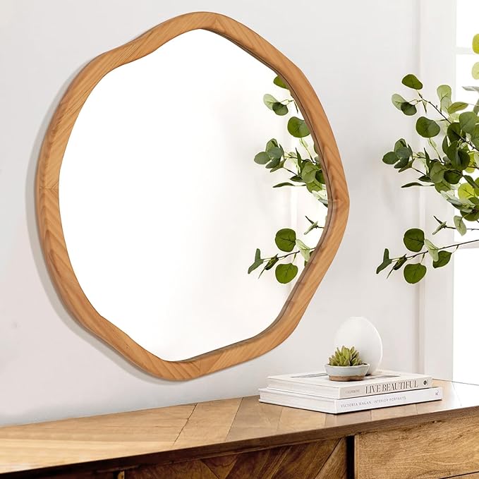 ULIKE Round Wood Mirror, 24 Inch Irregular Circle Vanity Wall Mirror with Wooden Frame, Rustic Decorative Wall Mount for Bathroom Bedroom Living Room Entryway, Natural
