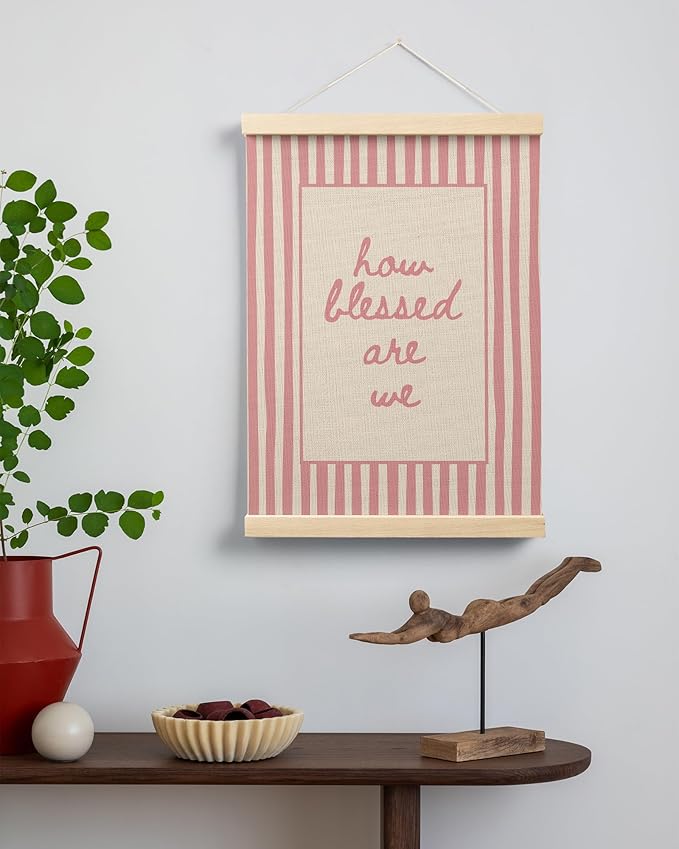 FGFK Trendy Pink Christian How Blessed Are We Wall Art Poster Hanger Frame, Retro Pink Striped Religious Bible Verse Canvas Prints Framed Wall Decor for Home Girls Room Bedroom, 12x16 Inch