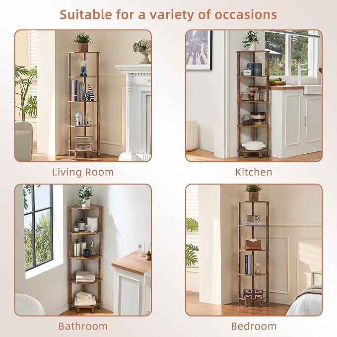 YUFAM 5-Tier Corner Shelf with Sturdy 5-Leg Base, 52in Tall Narrow Bookcase for Small Spaces, Wooden Plant Display Shelf, Thin Bookshelf for Living Room, Bedroom, Office, Brown