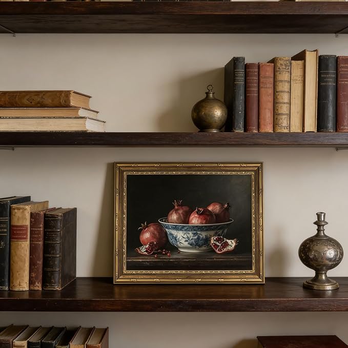 Gold Framed Wall Art Vintage Pomegranate Still Life Wall Art Fall Red Fruit Wall Decor Picture Rustic Farmhouse Autumn Kitchen Poster Print Country Cottage Gallery Aesthetics Decoration 12x16in