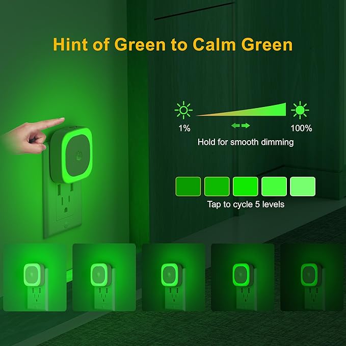 YUNLEX 2 Pack Plug in Night Light with Motion Sensor & Dusk to Dawn Sensor, 3 Sensor Modes, Auto ON/Off, Owl Mode for Steady Low Light, Dimmable, Calming Green LED for Home Office, Hallway, Bathroom