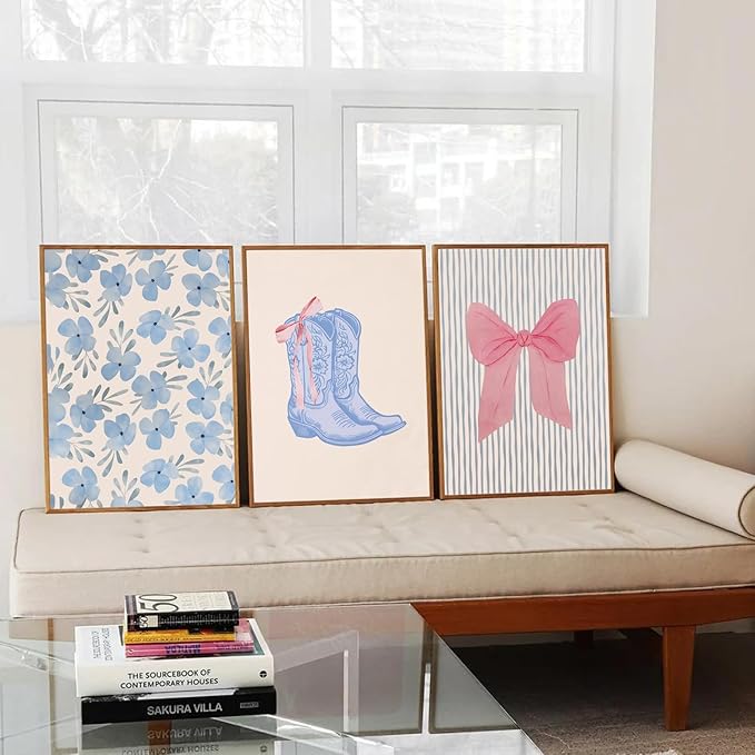 Blue and Pink Preppy Poster Set of 6 Cute Coquette Bow Boots Wall Art Aesthetic Coastal Wall Art, Trendy Girls Dorm Decor Cute Pink Bows Wall Decor for Bedroom Living Room Unframed 8x10 Inch