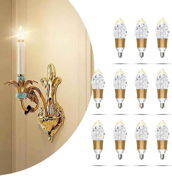 12 Pack Crystal Decorative LED Light Bulbs 5w, 40 Watt Equivalent, Fancy Unique Chandelier Light Bulbs E12 Base Non-dimmable,3000K Lightbulbs for Staircase,Bars,Ambience (FP-17A, 12PCS)