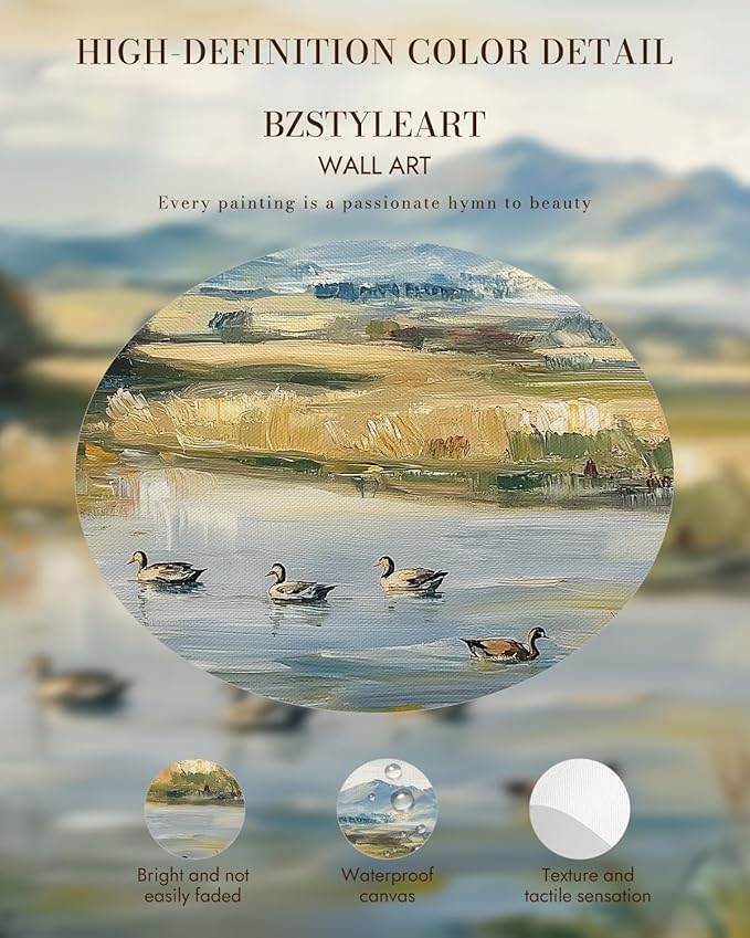 Bzstyleart Vintage Wall Art Decor for Living Room, Gold Framed Canvas Wall Art Home Decor Aesthetic, Ducks Pond Landscape Prints, Canvas Picture Print Artwork, 12 x 16 Inch