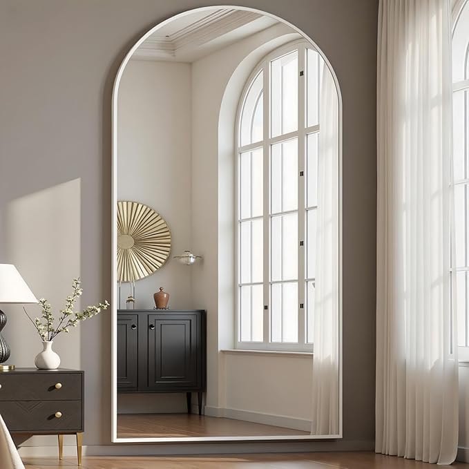 Prywot Arched Full Length Mirror, 76 "x 34" Floor Mirror Wall Mirrors Hanging or Leaning Arched-Top Full Body Mirrors with Stand for Bedroom, Dressing Room, White