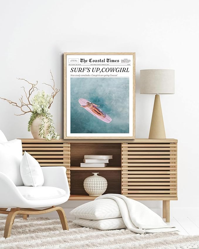 Bwodke OAK Wood Framed Wall Art Coastal Trendy Cowgirl Canvas Art Vintage Newspaper Pictures Wall Decor Surfer Up Vintage Bar Cart Prints Trendy Artwork for Girly Dorm Bedroom 16"x20"