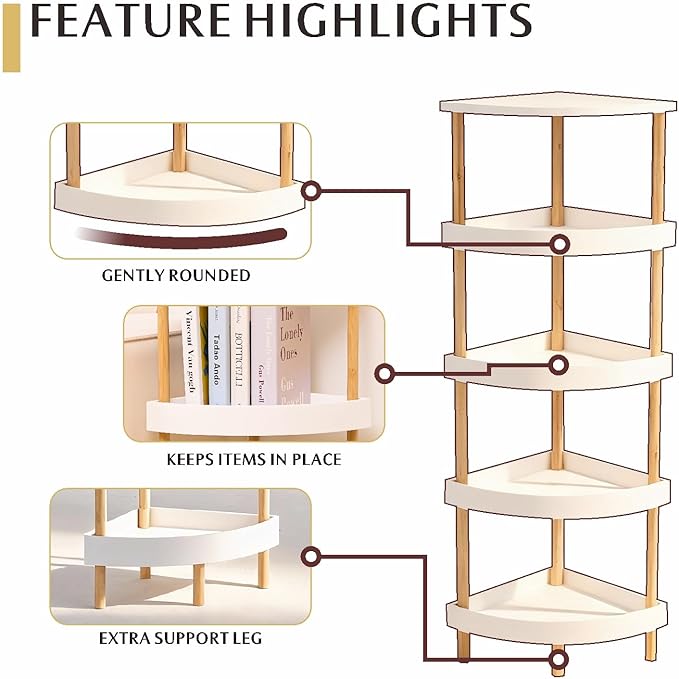 Bamboo 5-Tier Corner Shelf Stand with 5-Layer Lacquer & 4 Sturdy Legs, Space-Saving Durable Corner Rack Organizer for Bathroom, Kitchen, Bedroom, Living Room, Easy Clean Display Shelf Organizer