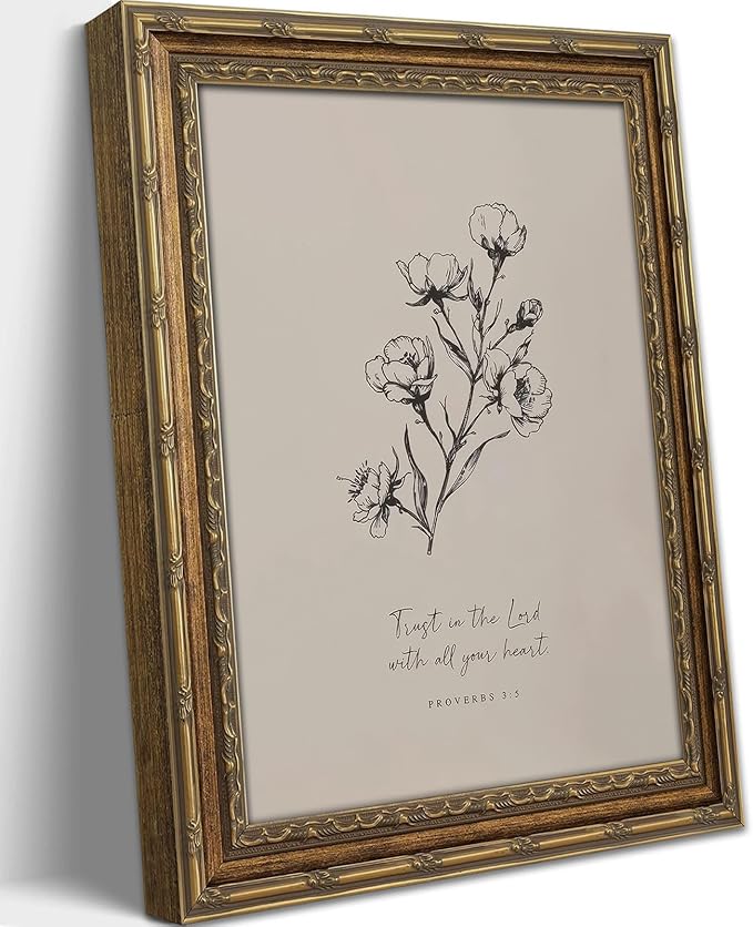 Vintage Gold Framed Wall Art Christian Bible Verse Wall Art Neutral Floral Scripture Wall Decor Picture Rustic Watercolor Floral Religious Poster Print for Living Room Bedroom 12x16in