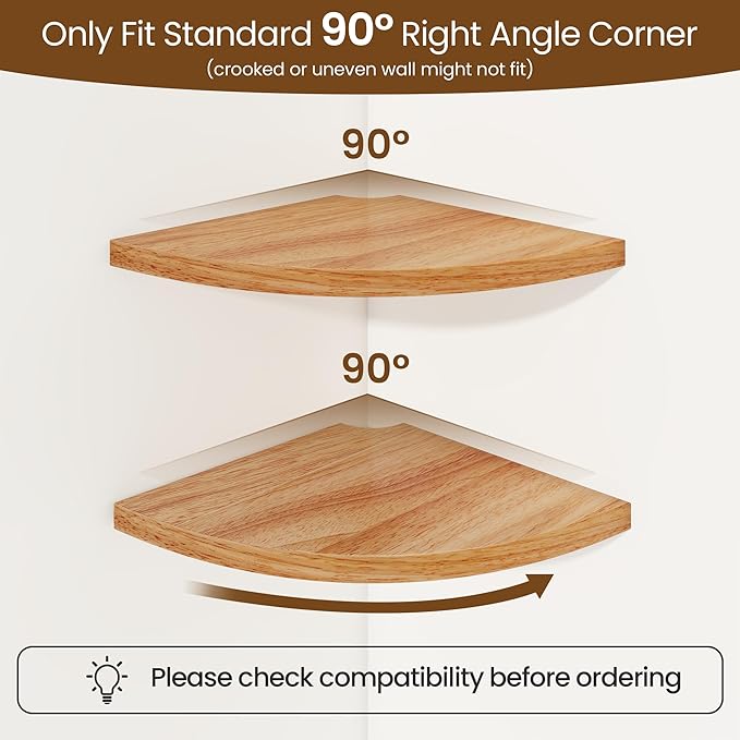 Fun Memories Corner Shelf Wall Mount, Solid Oak Wood Floating Corner Shelves with Cable Hole, 10in Rustic Design for Bedroom, Bathroom, Kitchen, Living Room (Natural, 1 Pack)