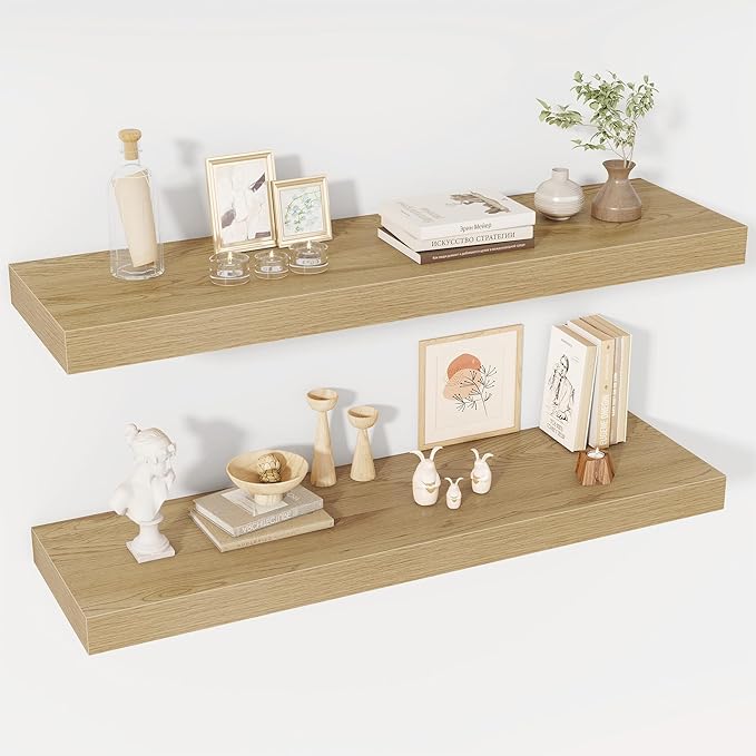 Acovy 40 Inch Floating Shelves, 12" Deep Floating Shelf Wall Mounted, 40" Wall Shelves, Rustic Deep Bookshelf, Extra Deeper & Thicker Display Shelves for Bedroom, Living Room, Oak, Set of 2