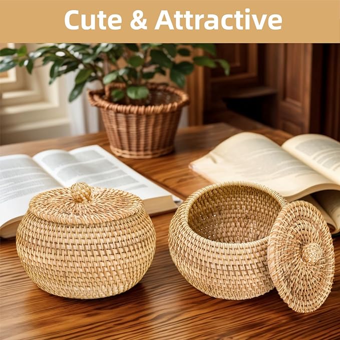 WRINGKIT Small Rattan Basket Box with Lid, Round Handmade Woven Storage Basket, Multi-purpose Wicker Bowl Decorative Organizer for Shelf, Home, Bathroom Decor