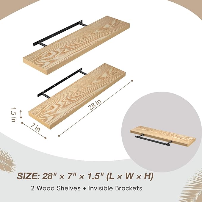 Lufia Floating Wall Shelves, Set of 2, MDF with Invisible Brackets, Modern Storage for Bedroom, Bathroom, Living Room, Kitchen (Oak, 28" W x 7" D x 1.5" H)