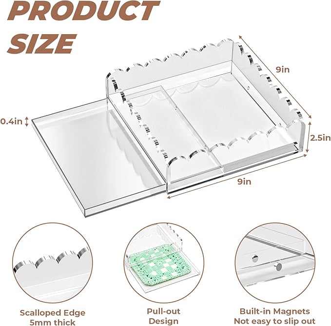 Acrylic Tray for Needlepoint, 9 x 9 Inch Clear Scalloped Acrylic Decorative Tray with Upgraded 2 Magnets Drawer Display for Insert Photo, Fabric Square Organizer Acrylic Tray for Home Decor