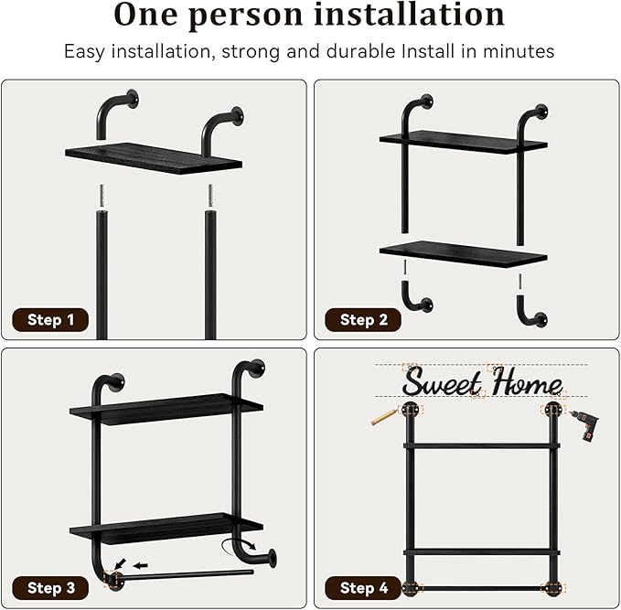 Tinpin Bathroom Shelves Wall Mounted, Rustic Farmhouse Pipe Shelves, Wall Shelves 2-Tier, Industrial Pipe Shelving, Floating Shelf Decor for Bathroom, Bedroom, Living Room Thanksgiving 17.3in Black