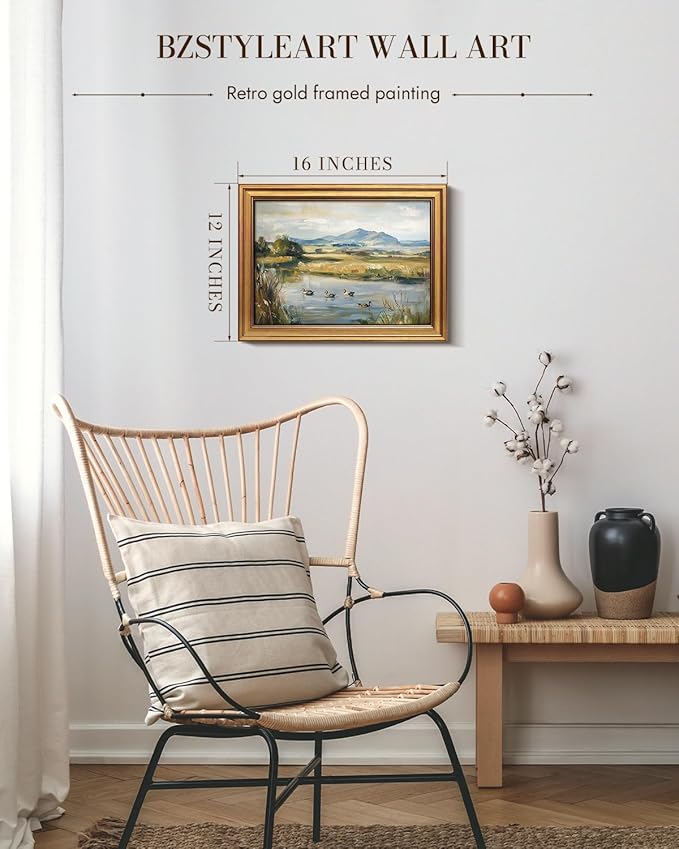 Bzstyleart Vintage Wall Art Decor for Living Room, Gold Framed Canvas Wall Art Home Decor Aesthetic, Ducks Pond Landscape Prints, Canvas Picture Print Artwork, 12 x 16 Inch