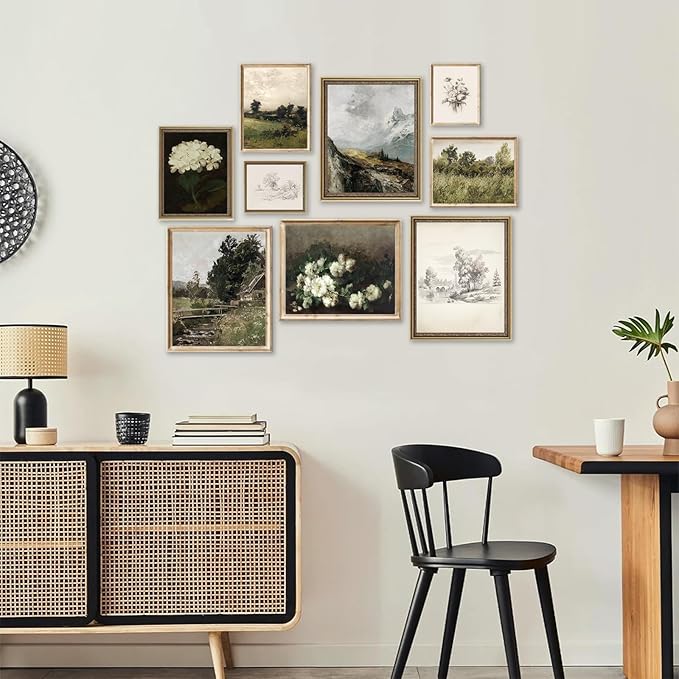 Vintage Wall Art French Country Wall Decor, Vintage Posters for Room Aesthetic Picture, Dark Green Antique European Landscape Flower Meadow Gallery Canvas Art Prints Painting for Bedroom Living Room,