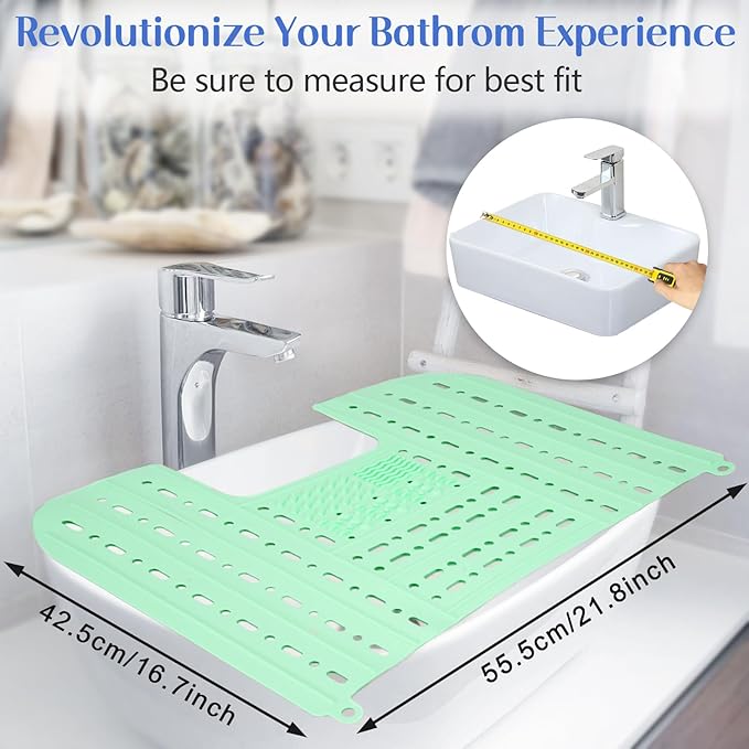 Bathroom Sink Cover for Counter Space, Foldable Silicone Makeup Mat with Hanging Loop Heat-Resistant Sink Cover for Makeup, 22 * 17" Space Saver Sink Organizer Mat for Bathroom, Green