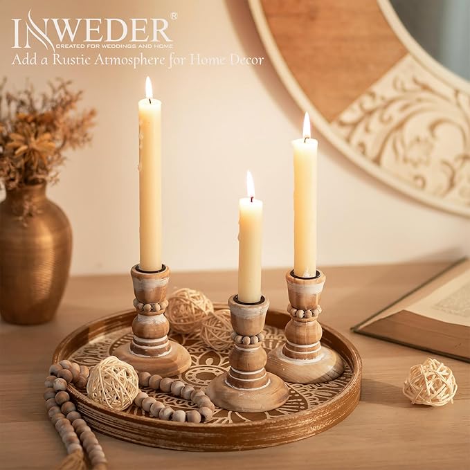 Wooden Taper Candle Holders: Rustic Wood Candlestick Holders Farmhouse Fall Decor for Living Room Dinning Table Centerpiece Christmas Set of 2