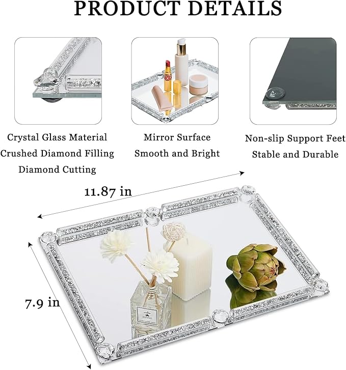 Crystal Glass Tray, 11.8" x 7.9" Crushed Diamond Silver Mirror Perfume Makeup Display Tray, Noble Jewelry Trinket Vanity Trays, Ornate Rectangular Cosmetics Dresser Decoration for Home Decor