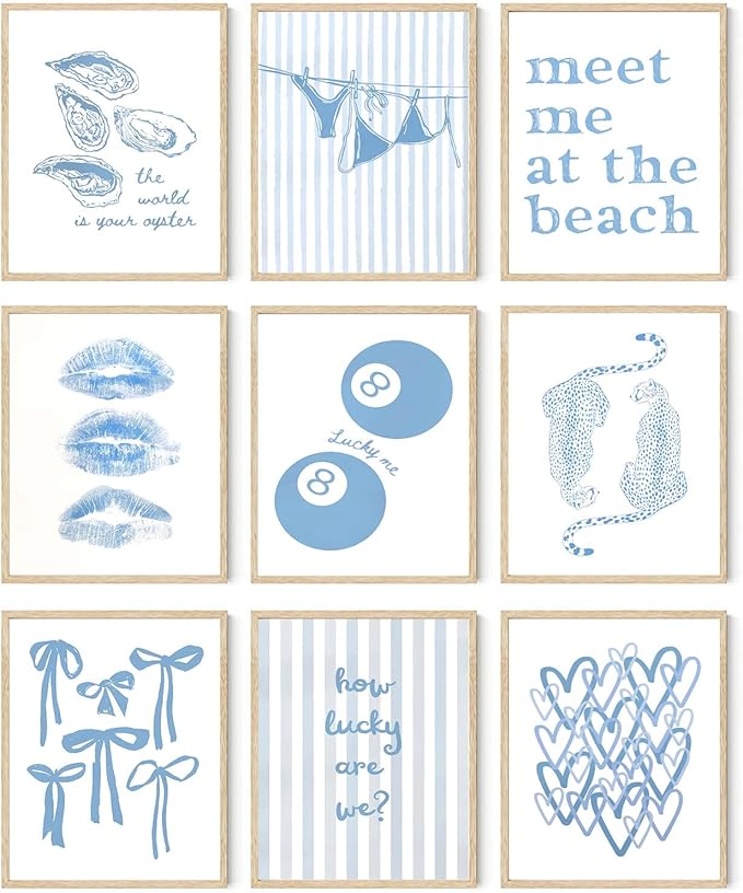 9Pcs Coastal Granddaughter Wall Art Posters Blue Oyster Bikini 8 Ball Leopard Bow Wall Decor Pictures Trendy Preppy Beachy Aesthetic Prints for Girls Dorm Gallery Bedroom Decoration Unframed (8"X10"X9PCS, Blue)