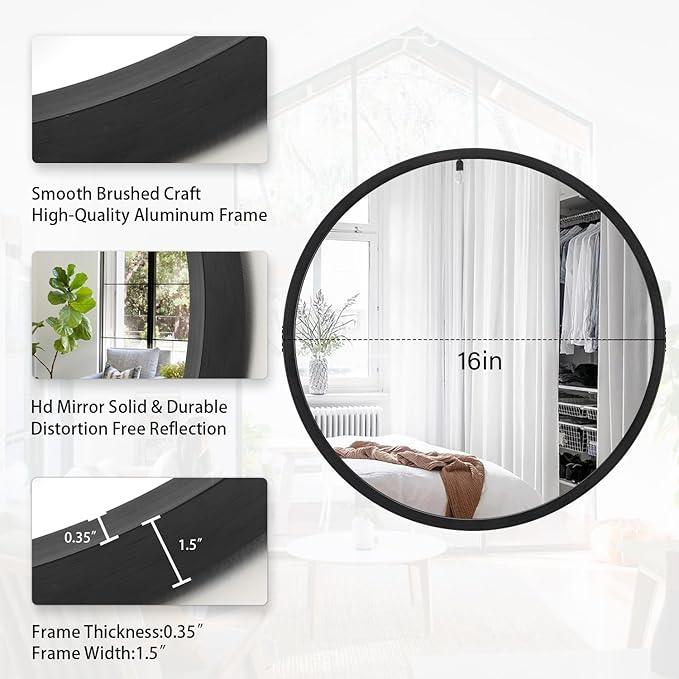 JJUYOU Black Round Framed Mirror - 16" Circle Wall Mirror for Bathroom, Bedroom & Living Room - Modern Aluminum Alloy Metal Frame