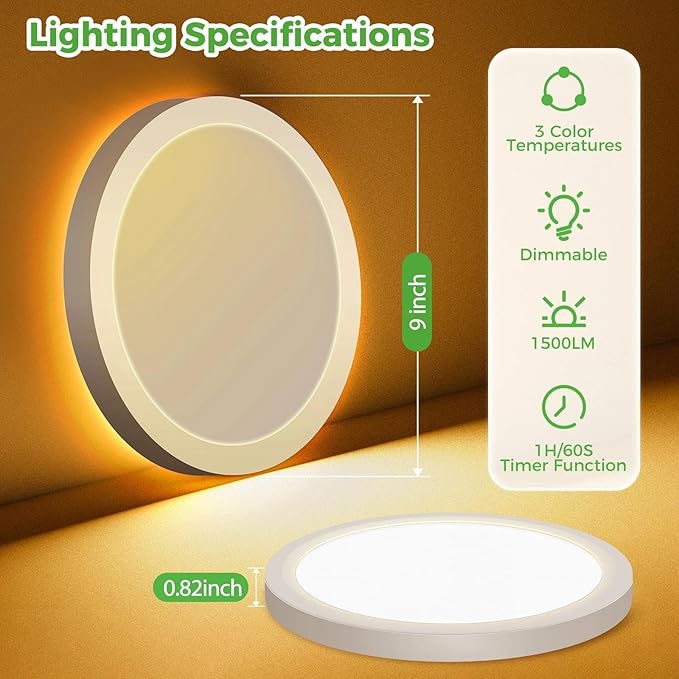 zemty 9 Inch LED Ceiling Light with Night Light 1800K, 3000K/4000K/6500K Dimmable Light Fixtures with Remote Control,15W 1500lm Flush Mount Ceiling Lamp for Bedroom LivingRoom Bathroom Kitchen-White