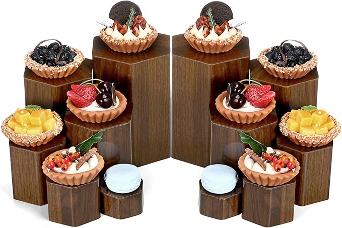 Jetec 12 Pcs Acrylic Display Risers Hexagonal Jewelry Display Stands Perfume Jewelry Showcase Acrylic Jewelry Display Organizer for Collectible Figures Jewelry Display, 6 Sizes(Brown)