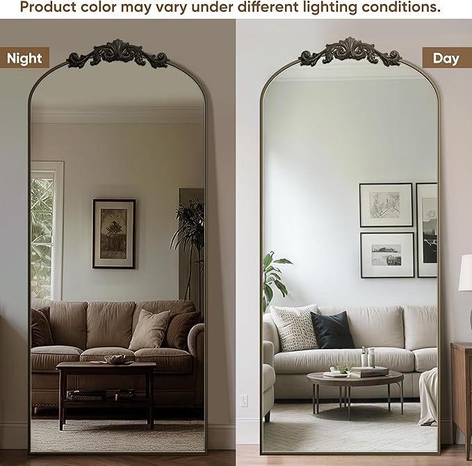 Antok Arched Full Length Mirror, 71"x28" Floor Mirror with Carved Frame, Standing/Wall Hanging Large Mirror for Bedroom, Living Room, Cloakroom, Bronze, Retro Style