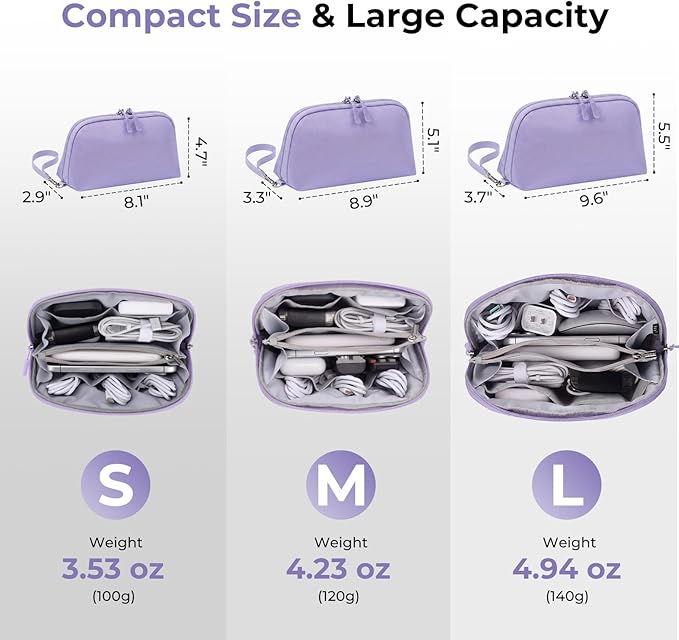 FYY Travel Cable Organizer - 8 Compartments Lightweight Water Resistant Tech Pouch with Wrist Strap, Electronic Accessories Case for Cord Charger Storage for Travel Home Office, Purple (Medium)