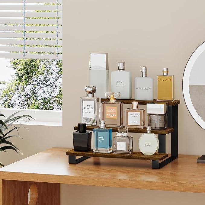 YINMIT Wooden Display Riser Stand,15.75 Inch Tiered Perfume and Cologne Organizer Stand, 3 Tier Spice Rack Organizer, Rustic Display Shelf for Cupcake, Figures, Candles (3 Tier Brown,15.75 In)