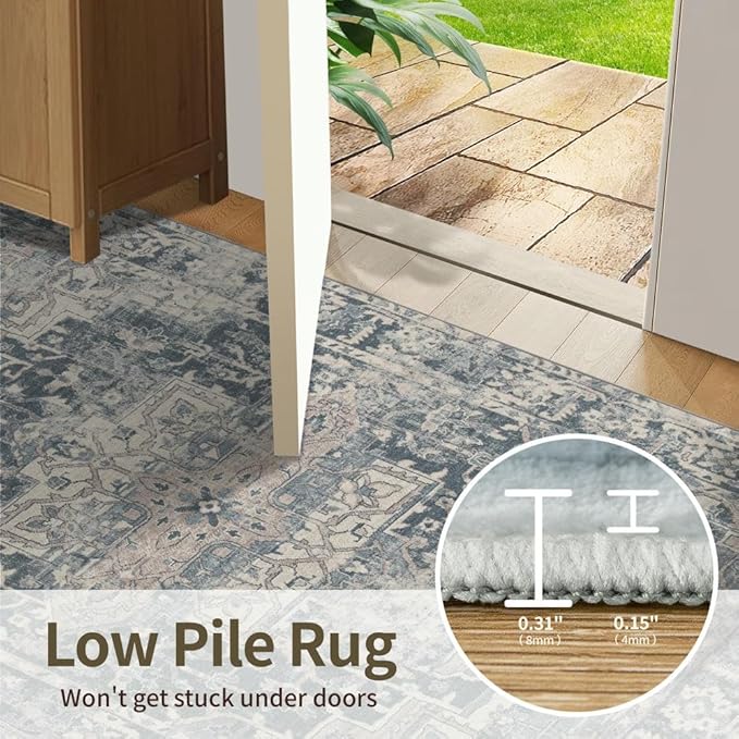 Rugxara 4x6 Rug for Living Room Bedroom, Blue Washable Throw Rugs, Vintage Retro Boho Area Rugs, Non Slip & Low Pile Accent Throw Carpet for Indoor Dining Room, Kids Room and Office(Blue 4x6ft)