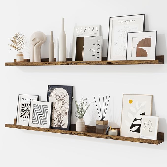 RICHFOCUS Picture Ledge Shelf, 40 inch Floating Shelves Set of 2, Wood Wall Shelves with Lip, Wall Decor Storage for Bedroom Living Room Bathroom Kitchen Nursery Photo Picture, Rustic Brown