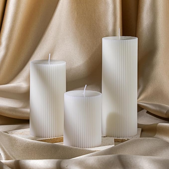 Conelist Ribbed Pillar Candles Set of 3, Width 3" High 4" 6" 8" Large Soy Wax Orchids Scented Pillar Candles Aesthetic Ribbed Modern Home Decor for Bathroom Living Room(White)