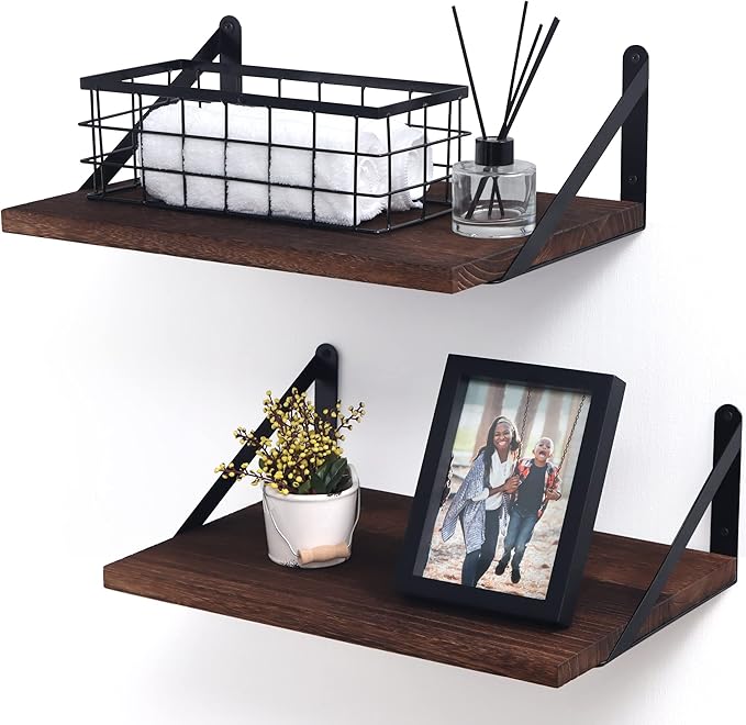 Marsmiles Floating Shelves for Wall, 12 Inch Deep Wood Wall Mounted Shelves Set of 2, 16W x 12D Rustic Wide Floating Shelves for Bedroom Kitchen Living Room, Rustic Brown
