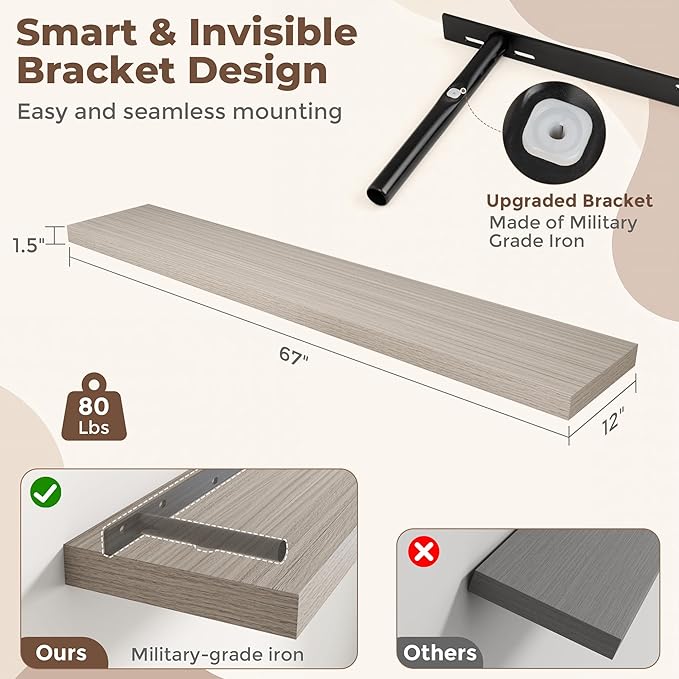 Fun Memories 12 Inch Deep Floating Shelves, 67 Inch Long Extra Large Floating Shelves for Home & Office, Wall Shelves with Invisible Bracket, Grey, Set of 1