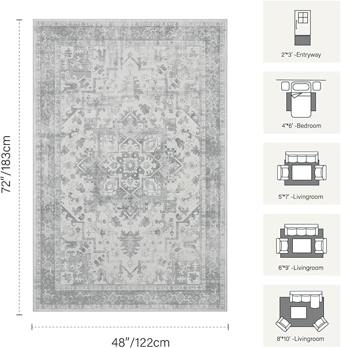Rugxara Washable Area Rug for Living Room, Neutral Vintage Boho Rugs for Office, Dining Room, Kids Room, Farmhouse, Durable Low Pile Non Slip Carpet for High Traffic Areas, Light Grey(4x6ft)
