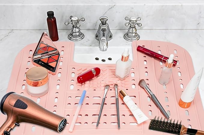 Bathroom Sink Cover for Counter Space, Foldable Silicone Makeup Mat with Hanging Loop Heat-Resistant Sink Cover for Makeup, 22 * 17" Space Saver Sink Organizer Mat for Bathroom, Pink
