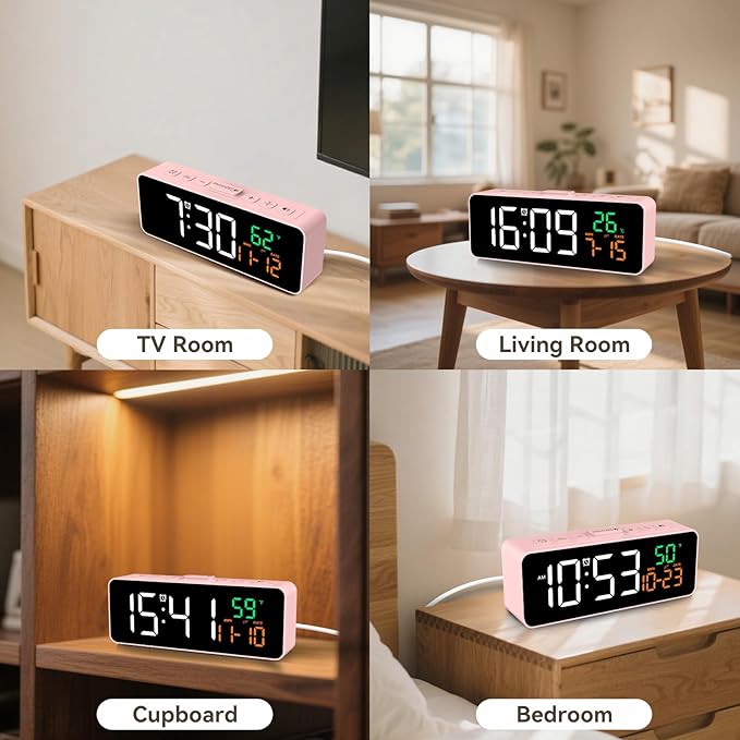 Netzu 3-in-1 Digital Clocks for Living Room with Temperature, Date & Time Display - 4 Levels Birghtness, 3 Volumes, Small & Compact Plug-in Alarm Clock for Bedroom Pink