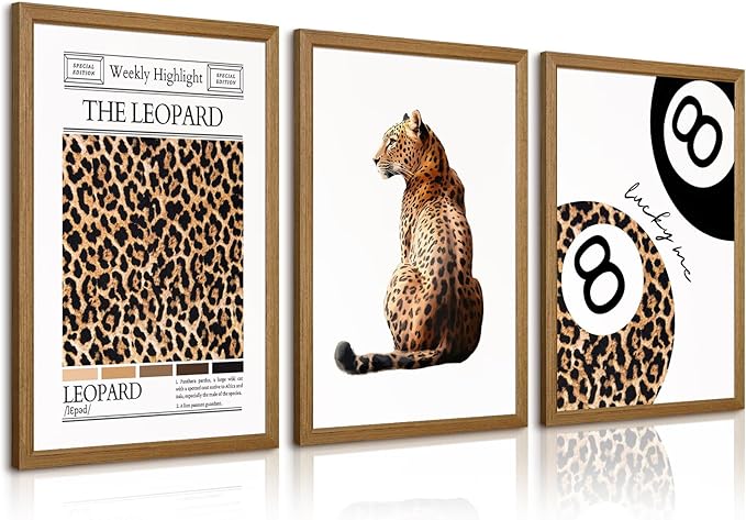 Trendy Leopard Wall Art Cheetah Print Canvas Wall Decor 8 Ball Poster Preppy Room Aesthetic Pictures Funky Coquette Vintage Prints Y2k Fashion Lucky Posters for Bedroom 16x24x3 Inch Framed
