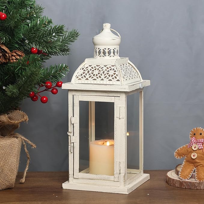 DECORKEY Lantern Decorative Indoor&Outdoor, 14.4'' Large Metal Candle Lanterns, Vintage Hanging Candle Holders Farmhouse Shelf Wedding Front Porch Patio Decor, Christmas Halloween Decorations for Home