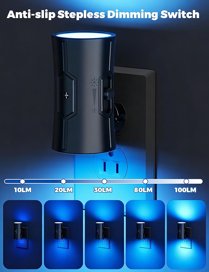 fesnne Night Light, 2-Pack Dimmable Plug-in Night Light with Auto On/Off & 90°Rotatable Plug, 0-100LM Adjustable Brightness, 1W Ultra Low Energy for Bedroom, Hallway, Bathroom, Nursery, Kids, Blue