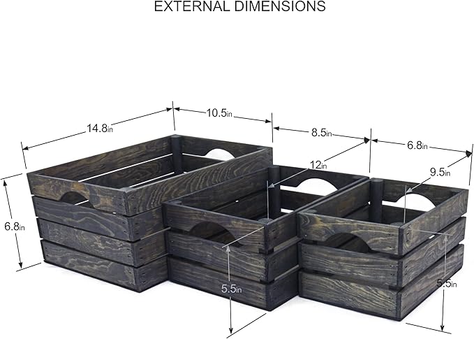 Rustic Wood Crates for vintage decorative display, Nesting Crate set for storage and farmhouse style decor, wooden boxes made from 100% Wood (Weathered Grey, Nested Set of 3)