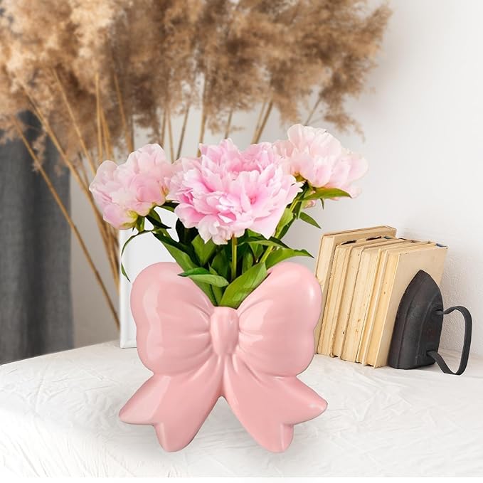 Pink Bow Ceramic Vase Contemporary Design Decorative Pink Bow Decor Vase Pen Holder Makeup Brush Holder Women Gift for Mother's Day Home Office Shelf Table Living Room