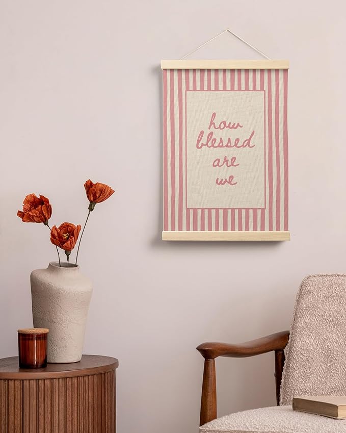FGFK Trendy Pink Christian How Blessed Are We Wall Art Poster Hanger Frame, Retro Pink Striped Religious Bible Verse Canvas Prints Framed Wall Decor for Home Girls Room Bedroom, 12x16 Inch