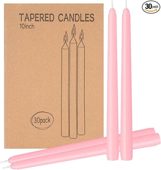 LYOBATH 30 Pack Pink Taper Candles - Taper Candles 10 Inch Dripless, Smokeless & Unscented - 8 Hours Long Burning - Ideal for Weddings, Dinner Parties, and Home Decor