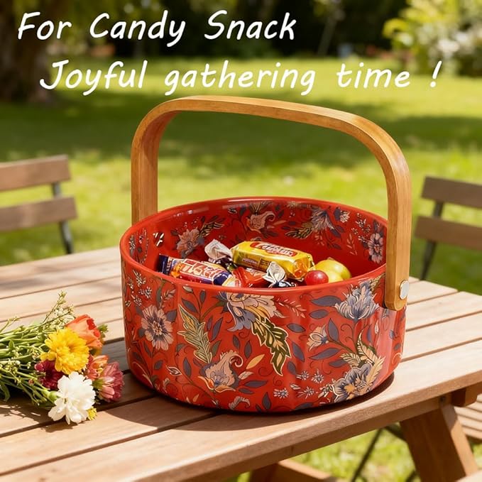 Ceramic Fruit Berry Basket with Detachable Wooden Handle Candy Dish Christmas Decorations Ornaments Decorative Bowl Home Kitchen & Dining Table Office Decor(Red)