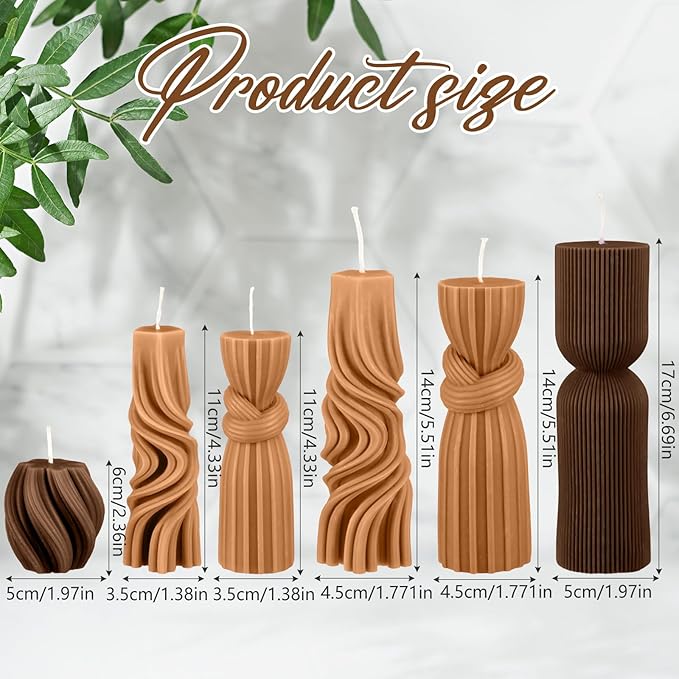 Threlaco 6 Pcs Pillar Candles Decorative Modern Aesthetic Ribbed Candle Set Cute Soy Wax Scented Ribbed Decor Valentine's Commemorative Gift for Home Decoration(Brown,2.36-6.89 Inch)